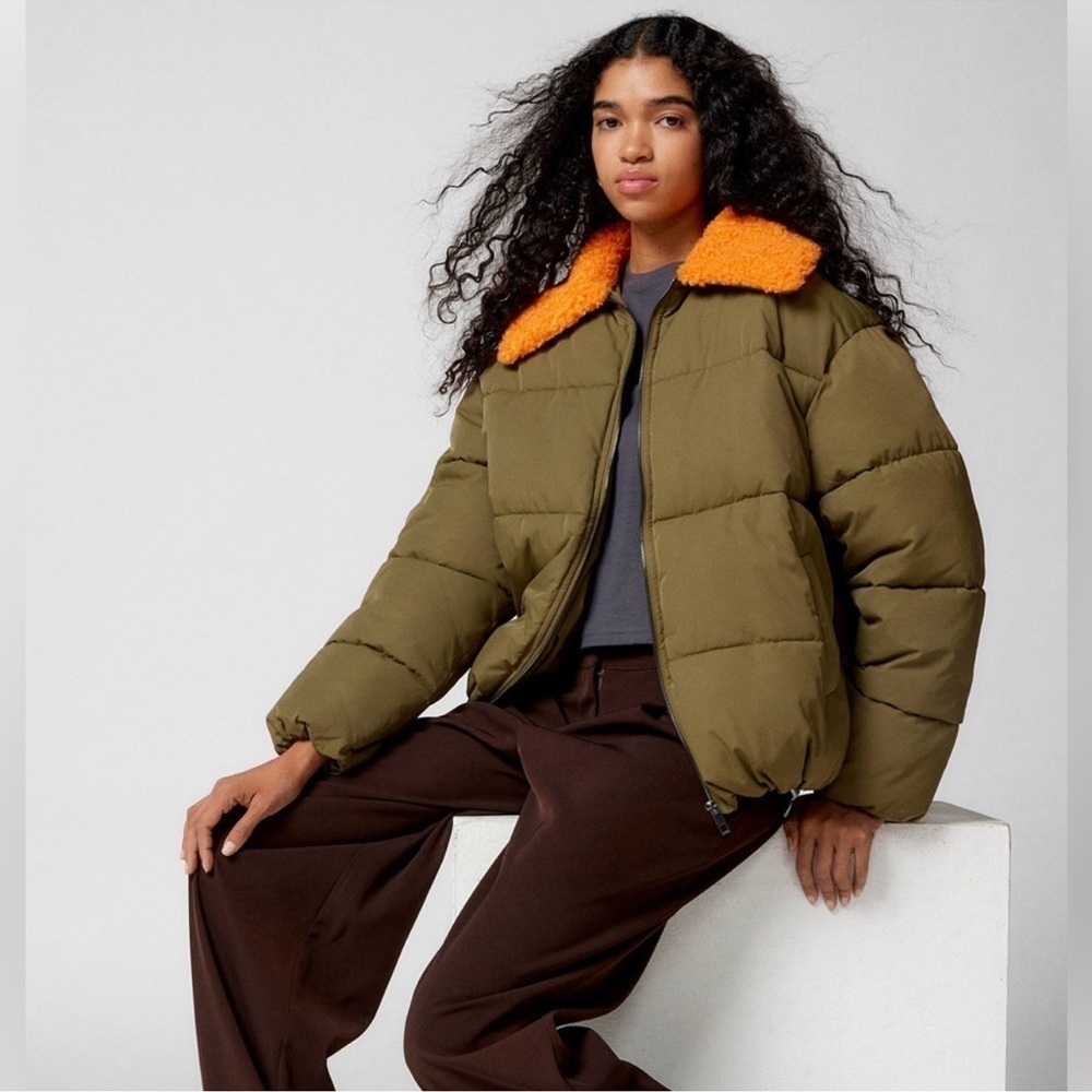 Urban Outfitters Green Puffer Jacket Duckie Faux Shearling Collar Coat NWOT